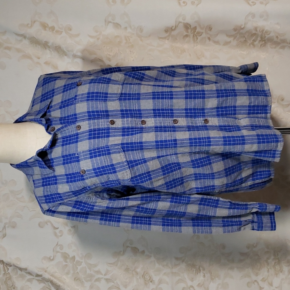 Duluth Cobalt Blue & Gray Plaid Flannel Shirt Size Large